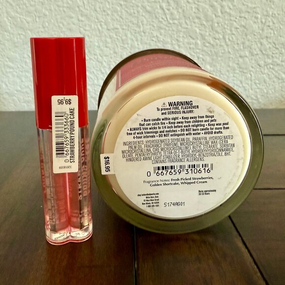 NEW 2-Pc Strawberry Pound Cake Lip Oil & Single Wick Candle Bath & Body Works - Picture 2 of 2
